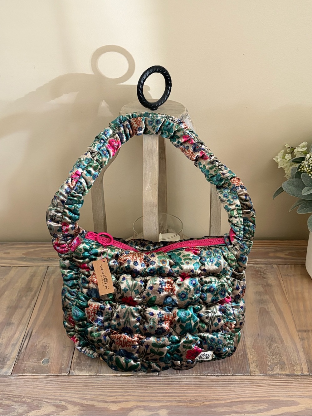 Natural Life Quilted Teal Floral Velvet Bag 🍂 🆕